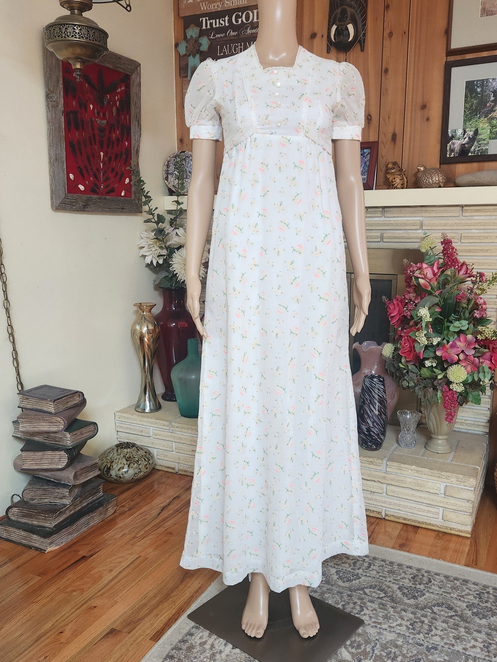Ivory Floral Maxi Dress with Puff Sleeves